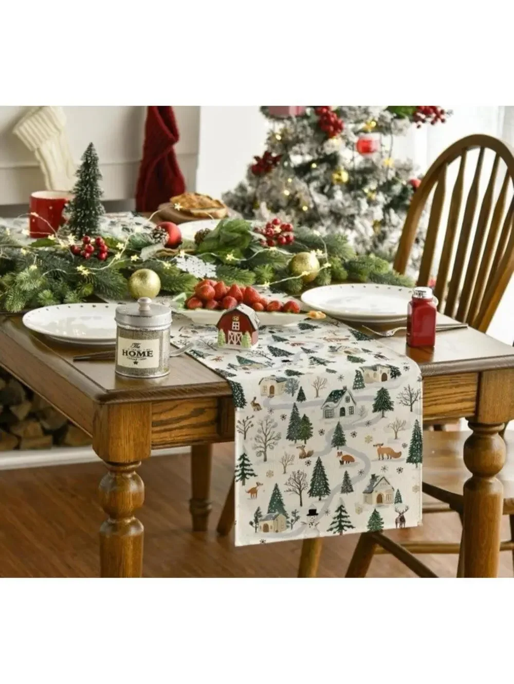 Winter Wonderland Table Runner 13x90 Inch Forest Animals Snowman Holiday Decor